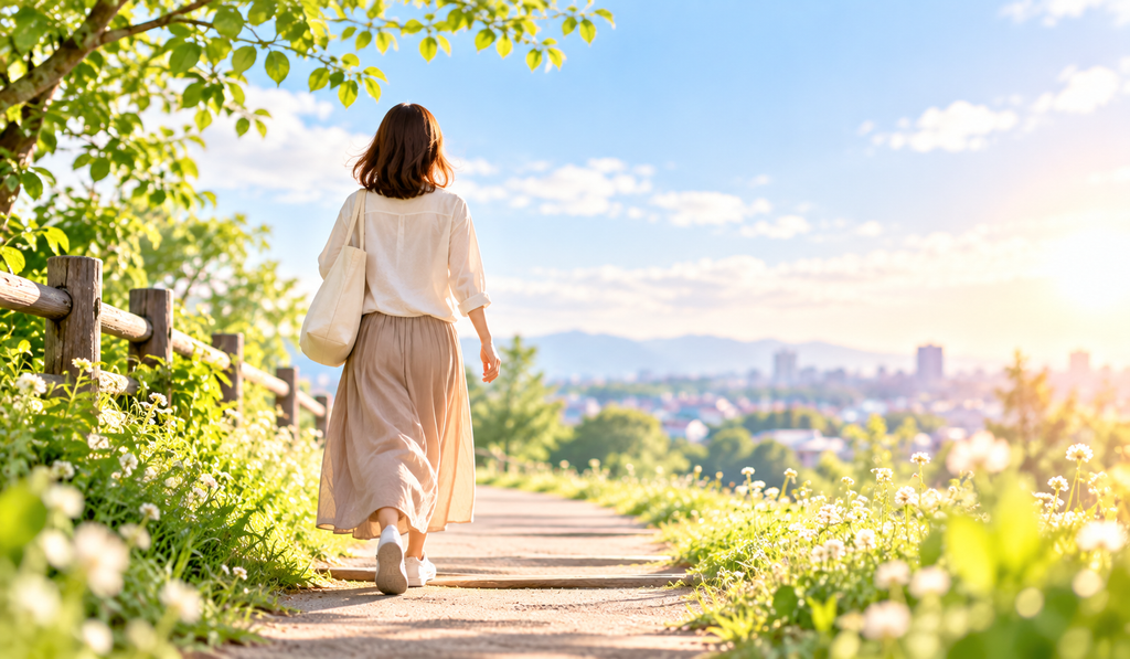 緑と花に囲まれた明るい小道を歩く女性の後ろ姿