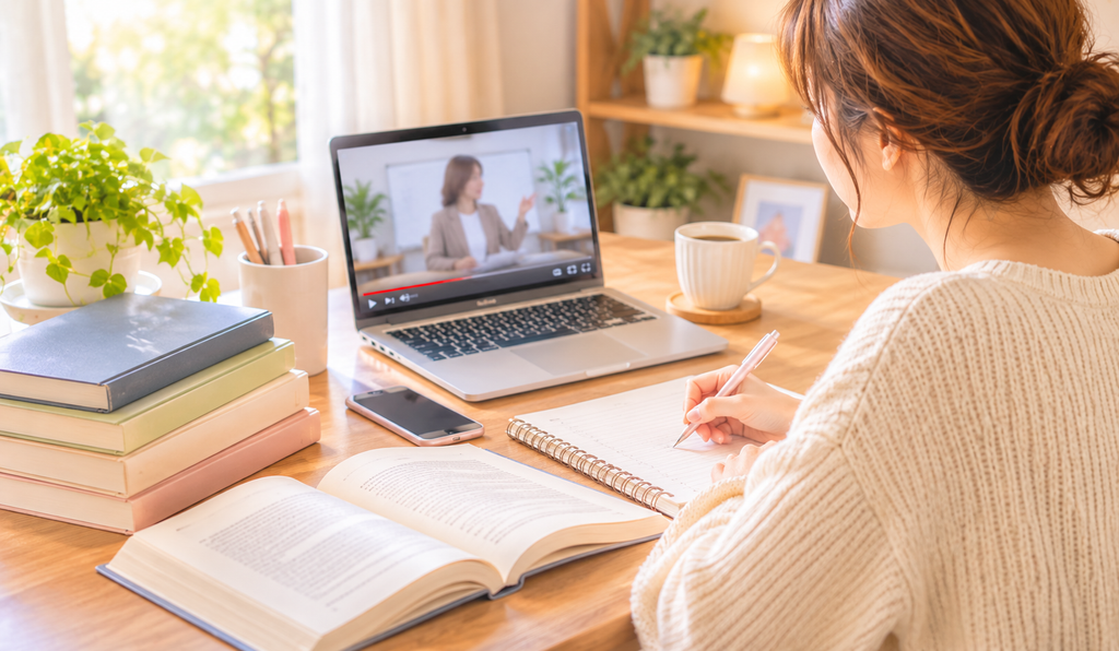 自宅でパソコンの学習動画を見ながら、本とノートを使ってWebライターの勉強をする女性