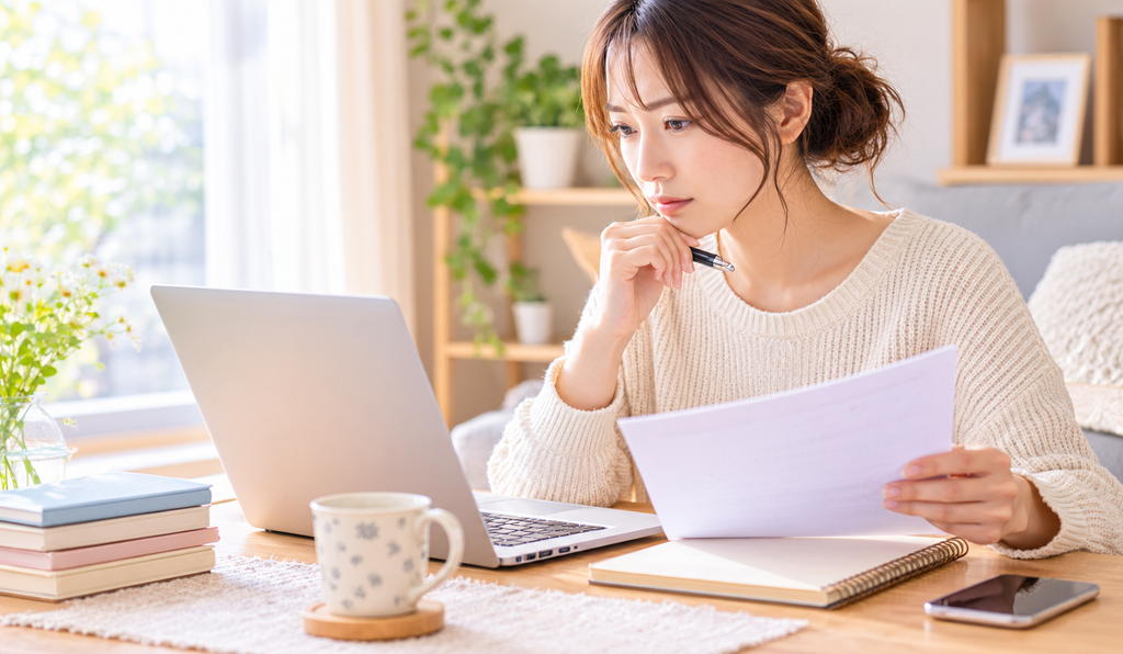 自宅でパソコンと書類を確認しながら考える女性